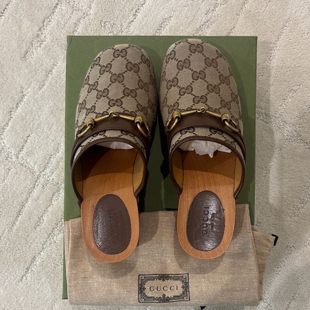 Gucci Tan and Brown Monogram Mules